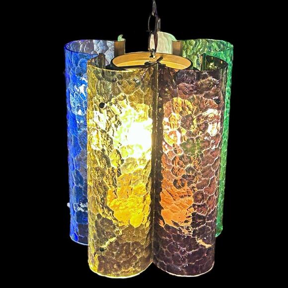 EUC Vintage All Original  MCM 5 Colored Blenko Glass Panel hanging Light Fixture - Picture 1 of 16